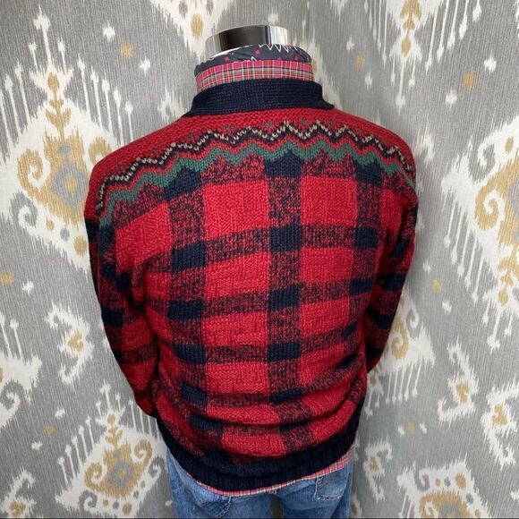 Polo Ralph Lauren Vintage Hand Knit Red & Black Multi Wool V-Neck L/S Sweater - Picture 16 of 16